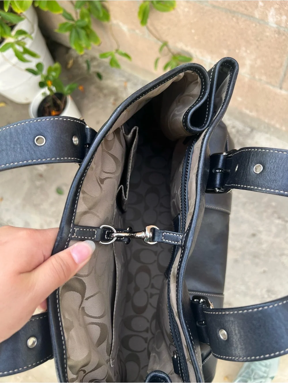 Coach Black Leather Shoulder Tote with Silver Buckles